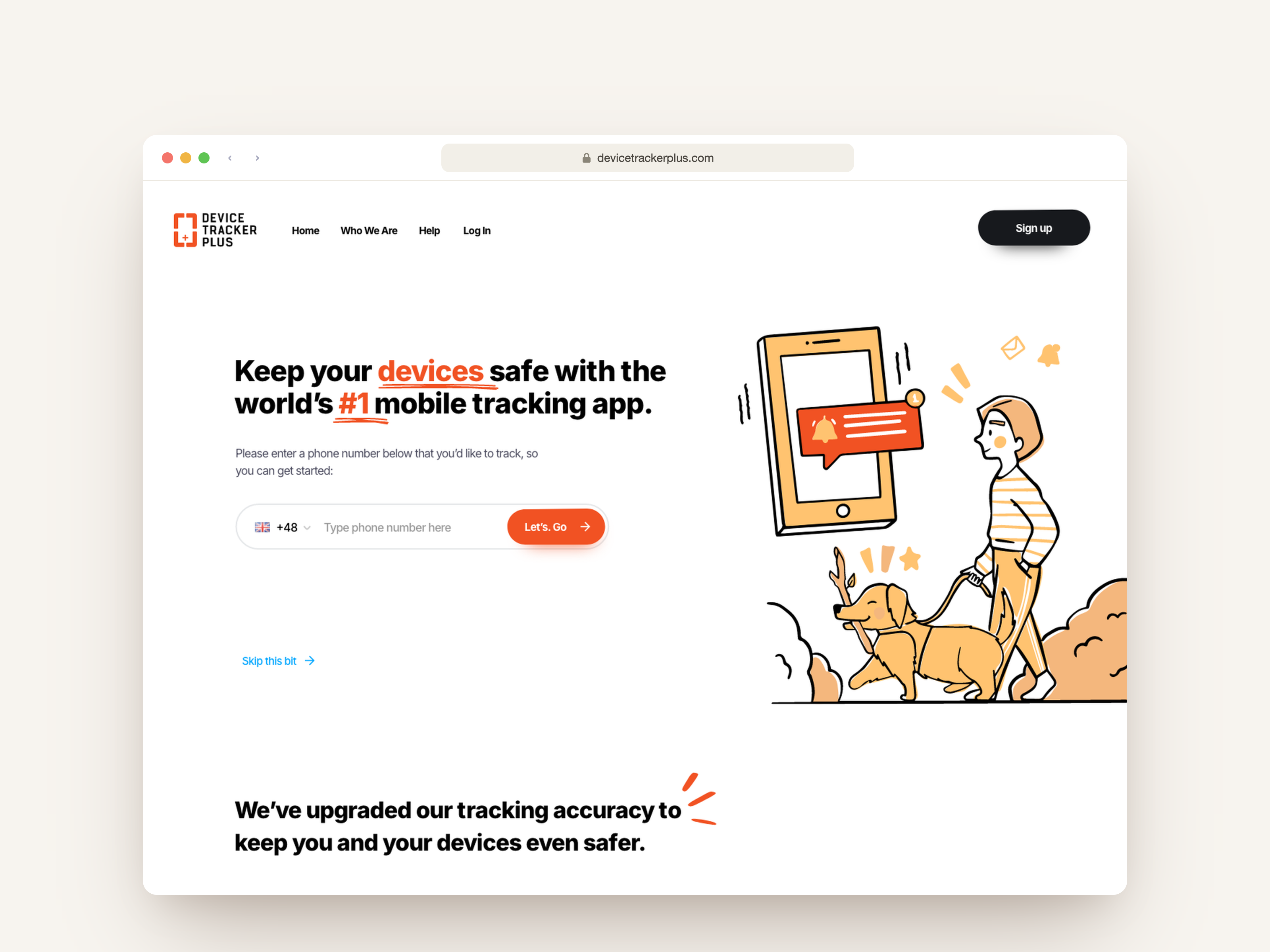 Strona marketingowa Device Tracker Plus z formularzem numeru telefonu i autorską ilustracją dotyczącą bezpieczeństwa