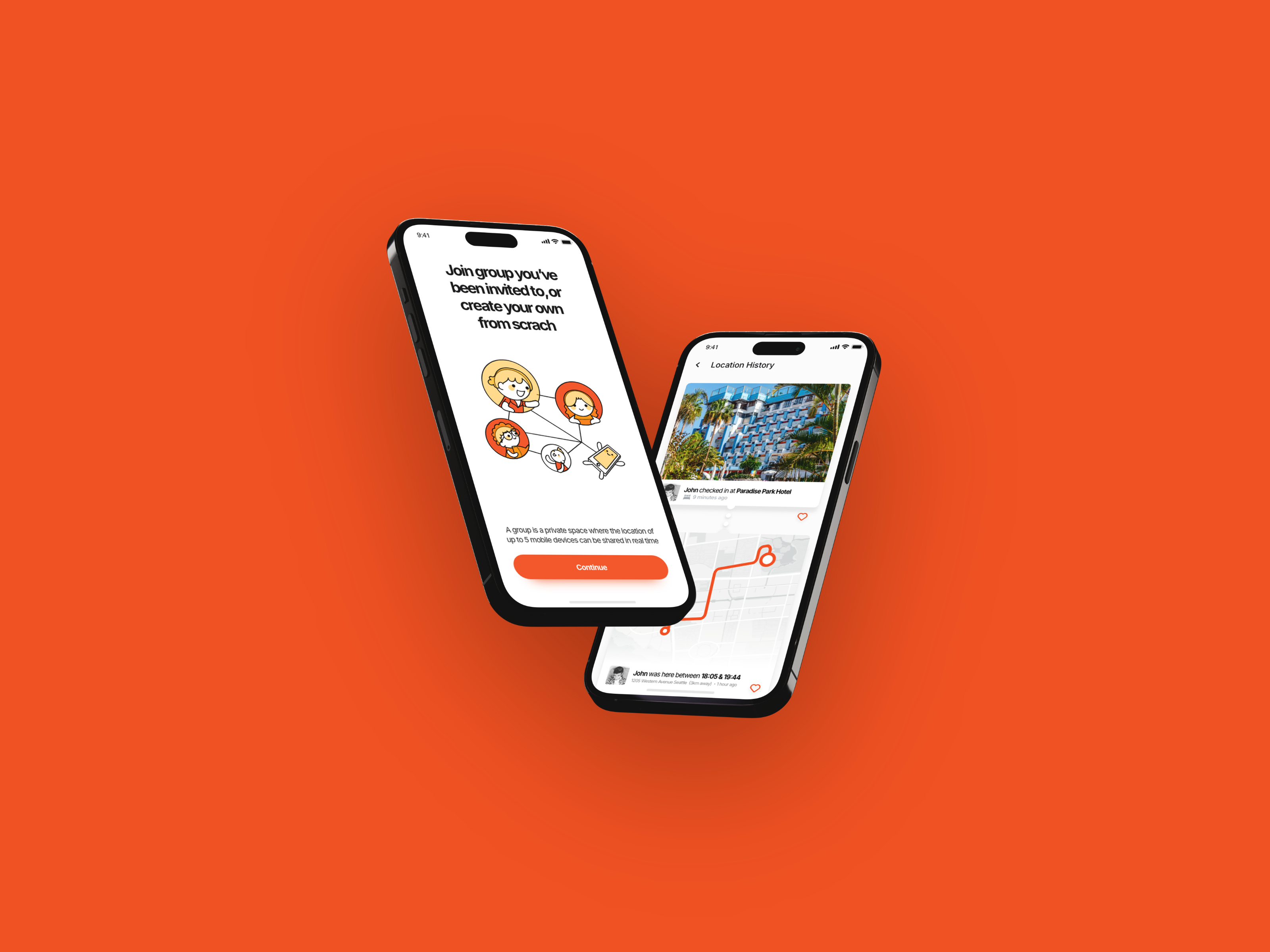 Ekrany mobilne Device Tracker Plus pokazujące konfigurację grupy i historię lokalizacji