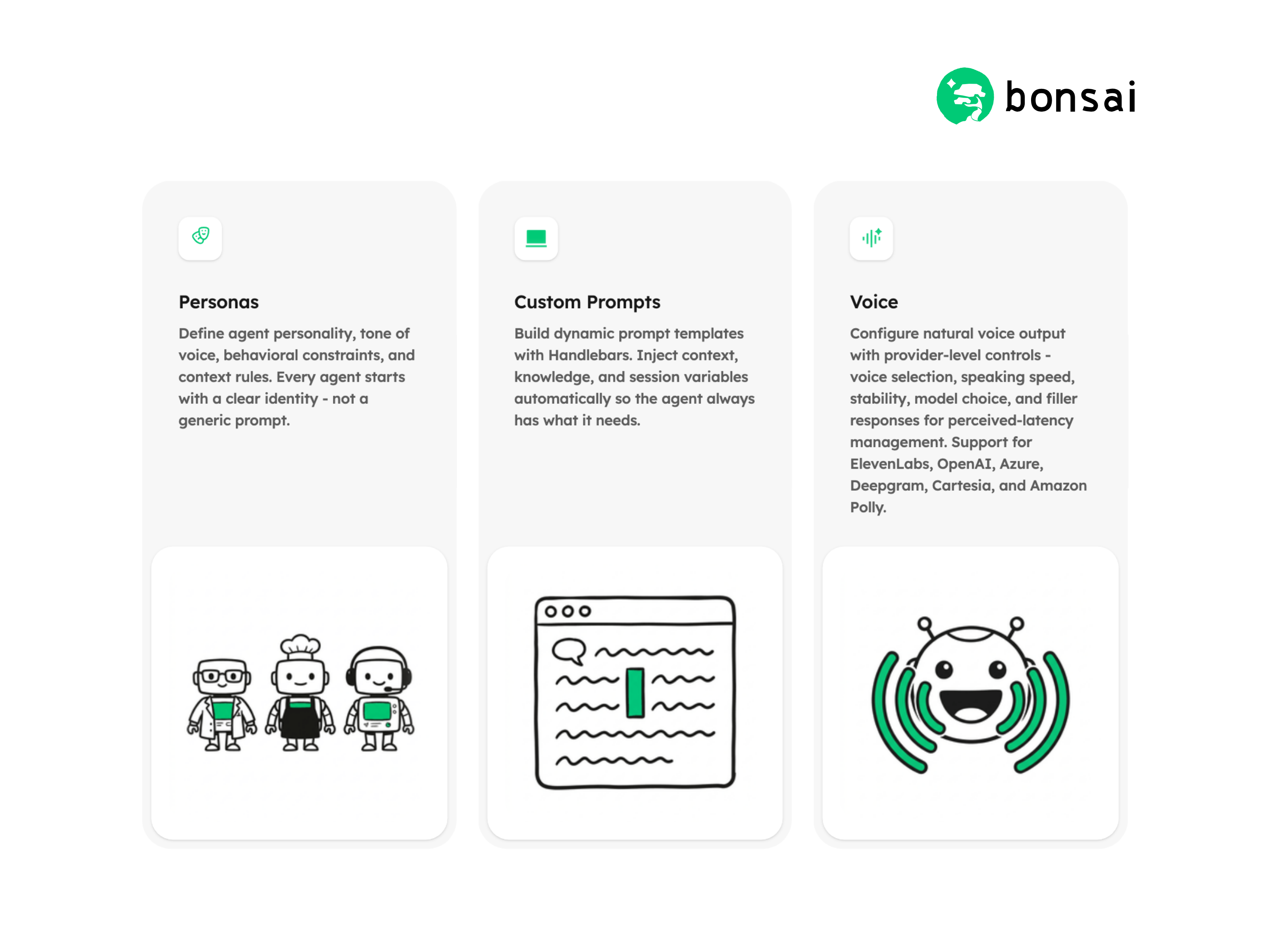 Bonsai Personas, Custom Prompts, and Voice feature cards with the original illustrations