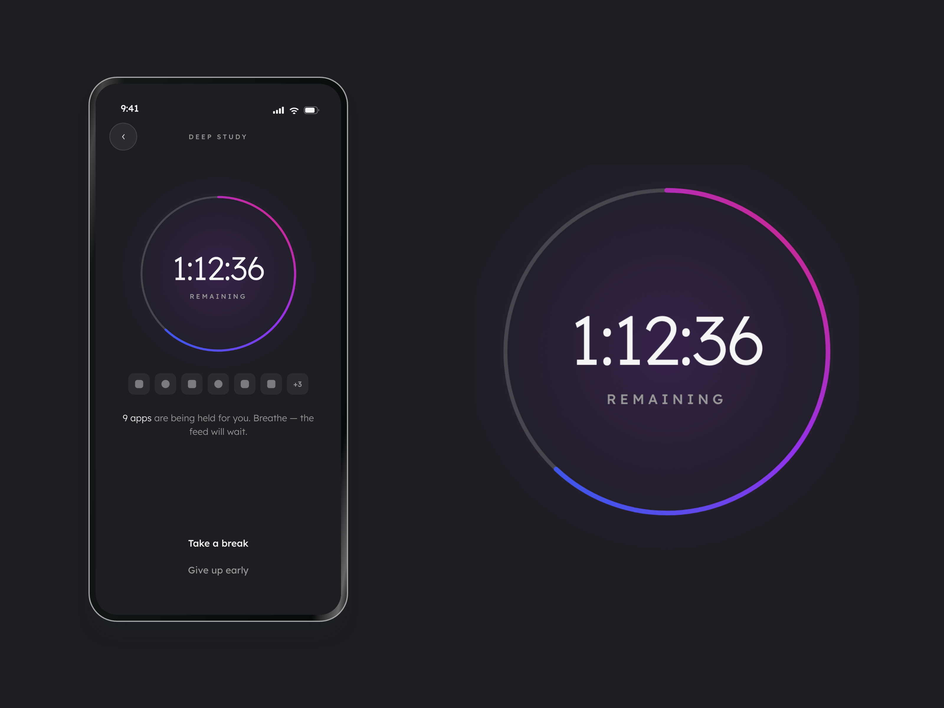 Octarine running a Deep Study session with a countdown ring and held apps