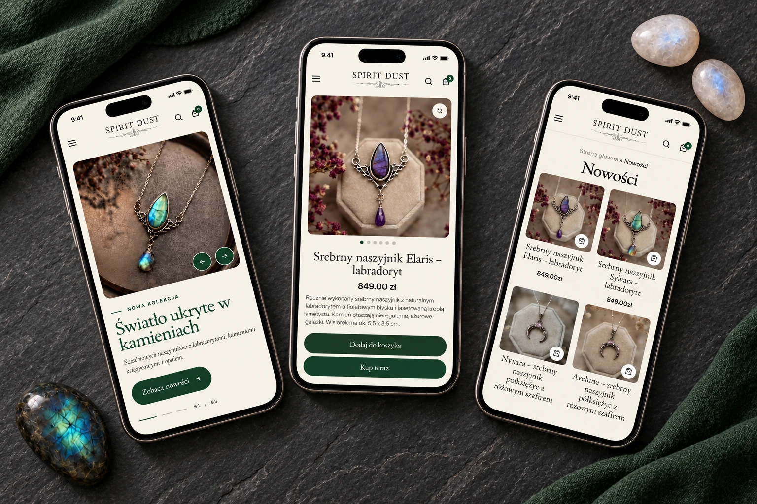 Three phones arranged on dark slate, showing the Spirit Dust homepage, Elaris necklace product page and new jewelry collection