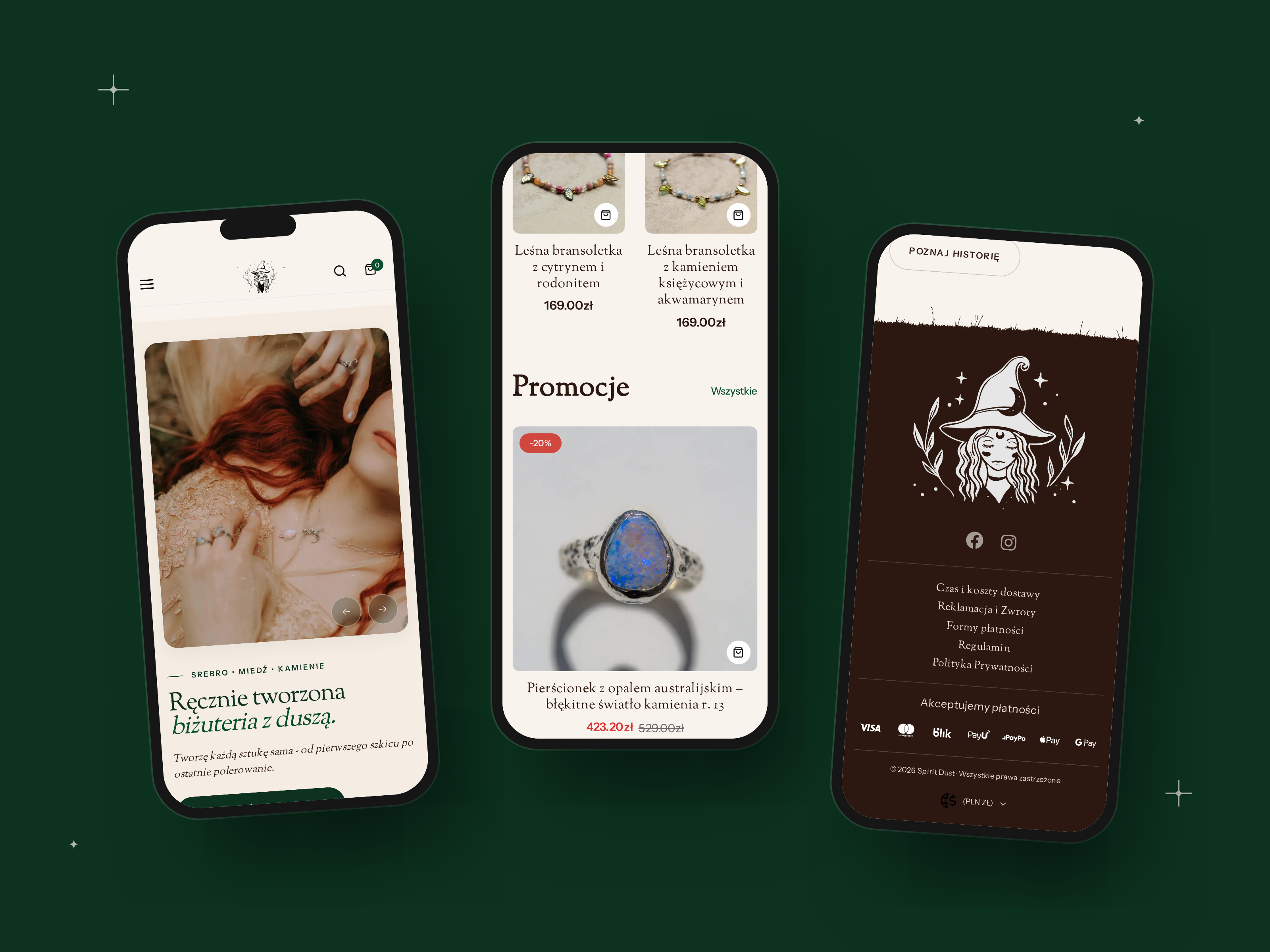 Three phones with spiritdust.pl - product cards, promotions and the witch-mark footer with Polish payment icons