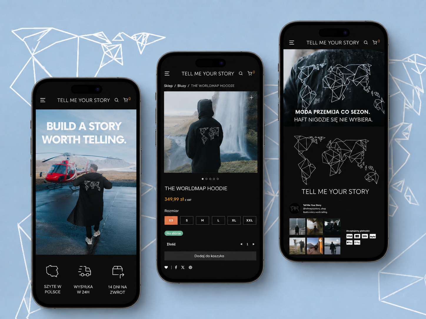 Three mobile views of the Tell Me Your Story WooCommerce store