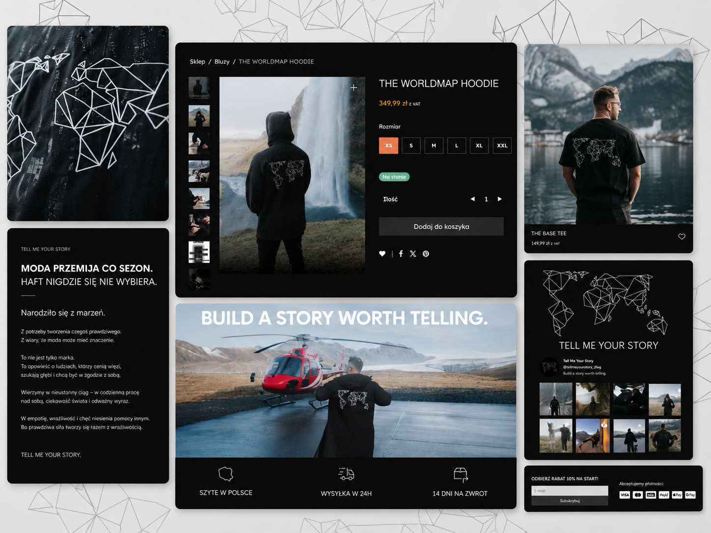 Tell Me Your Story product page, travel photography, embroidery, and brand details