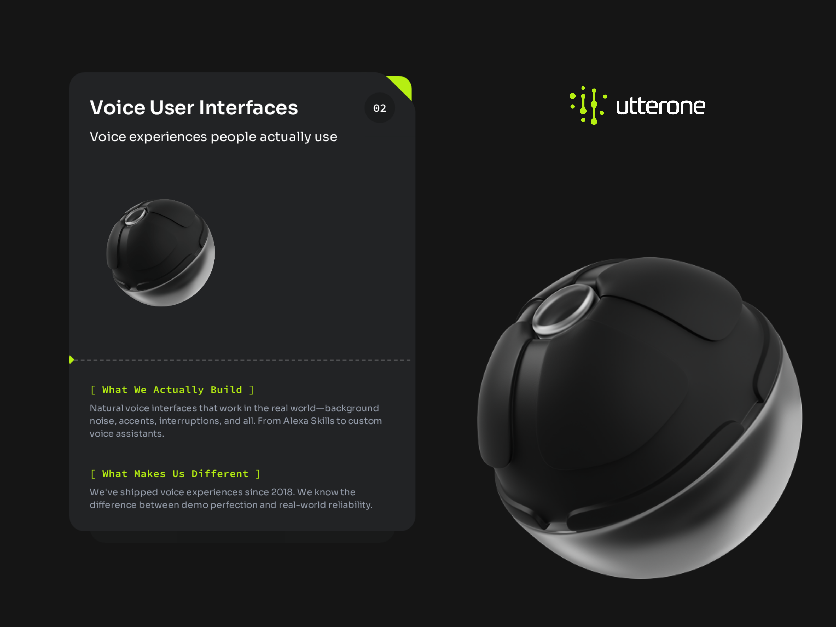 utter.one branding in use: layered service card, lime accent, dimensional sphere, and logo
