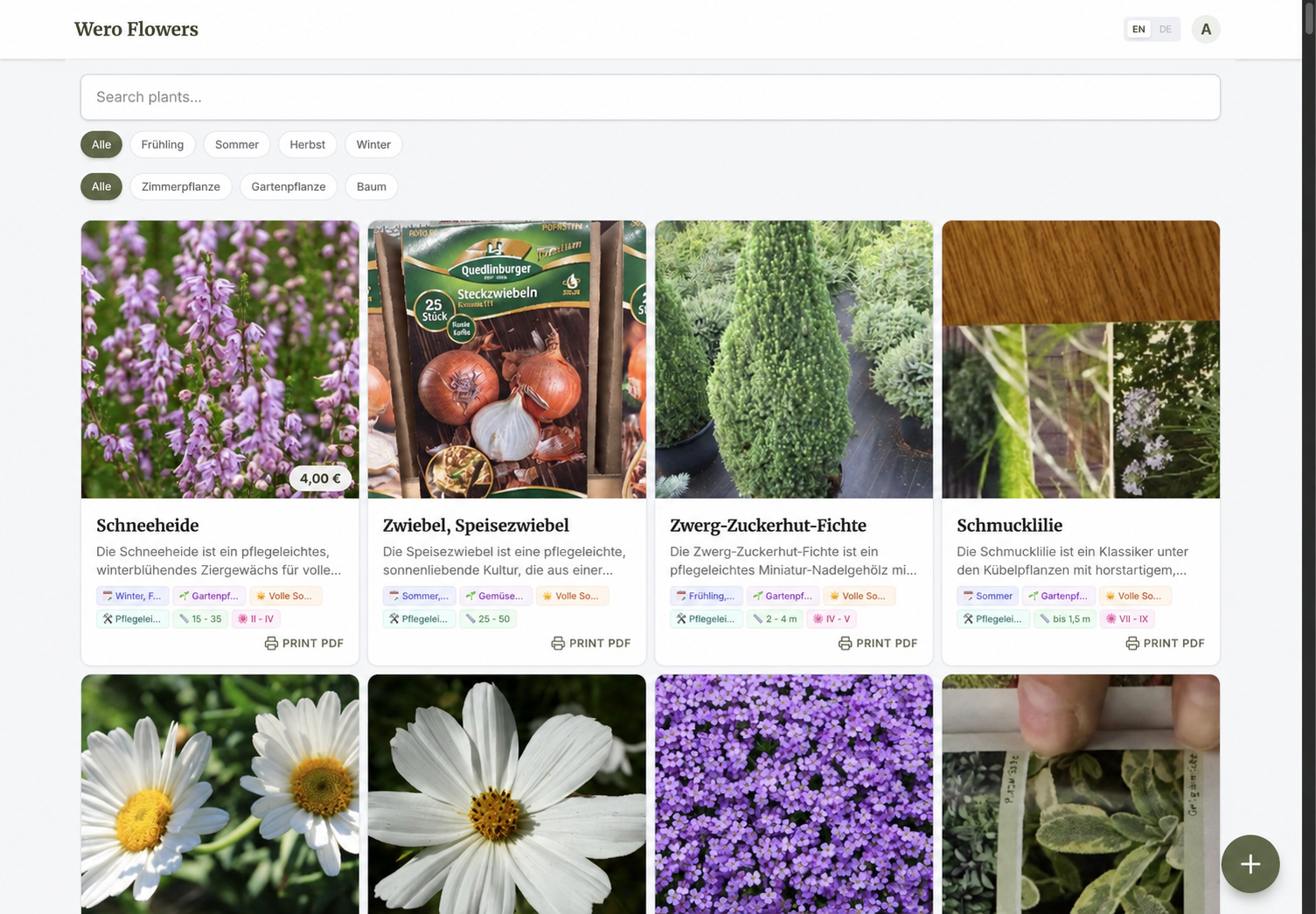 Katalog w PWA Wero Flowers z cenami, filtrami i przyciskami Print PDF