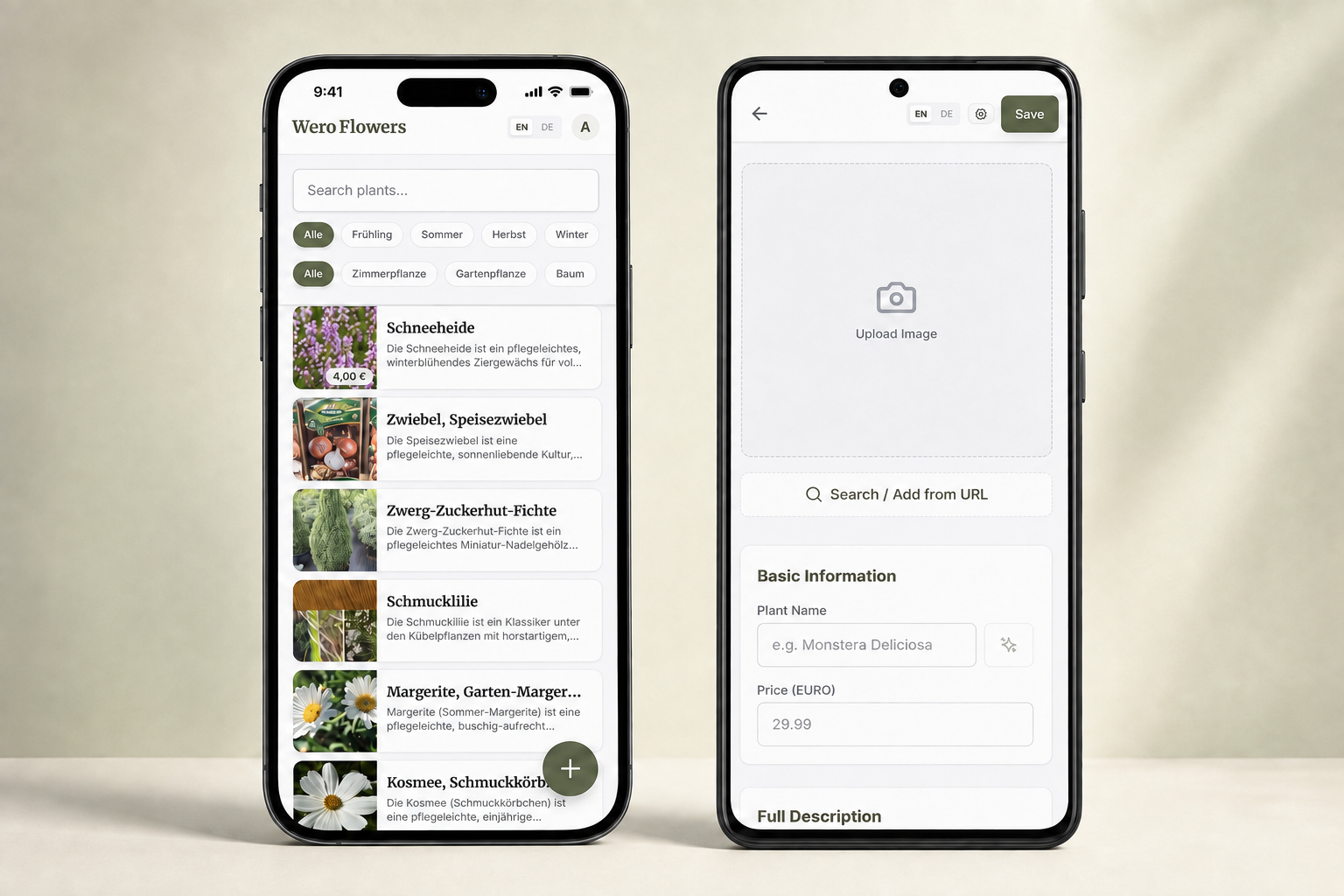 Aplikacja Wero Flowers na iPhonie i telefonie z Androidem: katalog roślin z cenami i formularz dodawania