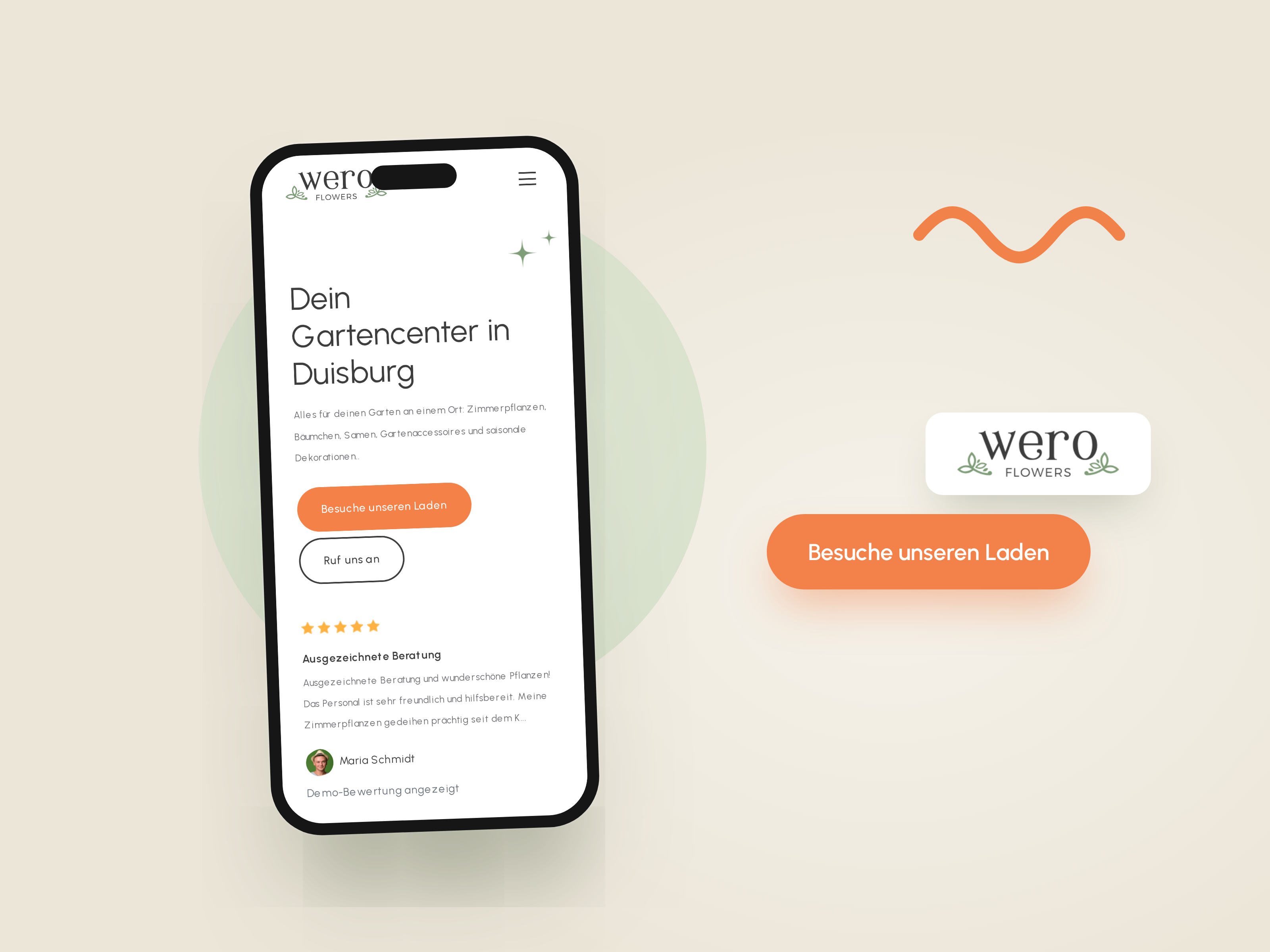 Hero weroflowers.de na telefonie obok logo Wero Flowers i głównego przycisku